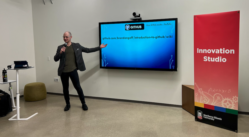 Image of brandon lecturing at a techtaco in 2024